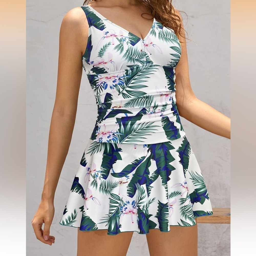 SHEKINI Women's V Neck One Piece Skirt Swimsuit Ruched Retro Swimdress Large/264